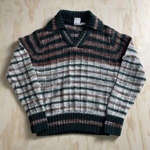 Vintage Kennington Sweater Size Medium Green Striped Collared V Neck Knit